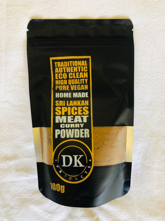 Packaging of DK Sri Lankan Spices Meat Curry Powder 100g on a textured white background