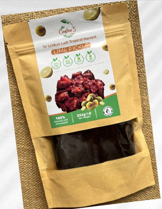 Packaged lime pickle with a Ceylon's brand label on a textured surface