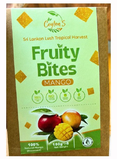 Packaging of Ceylon's Fruity Bites Mango with green label and brown border