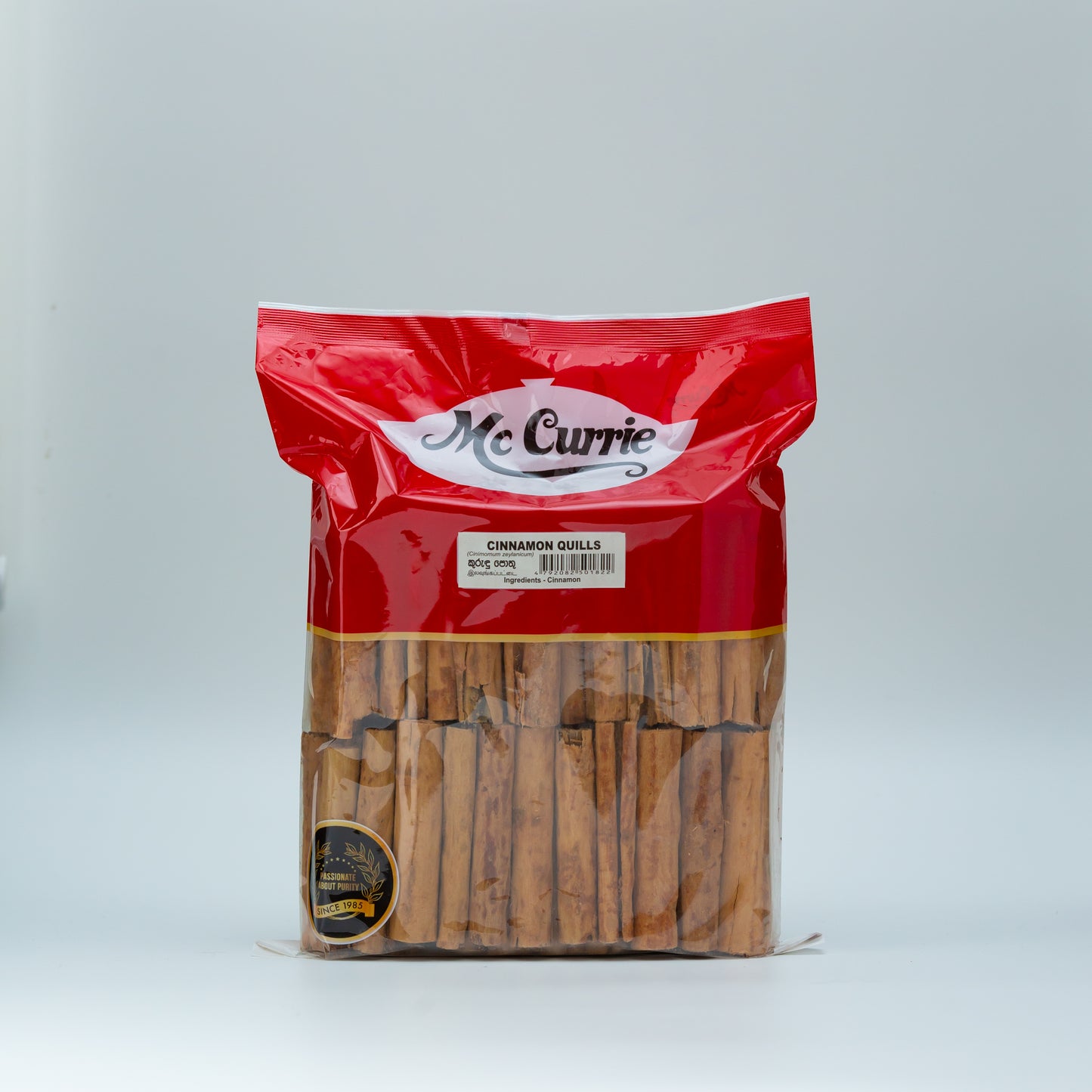 Packaged cinnamon quills with McCurrie branding on a white background