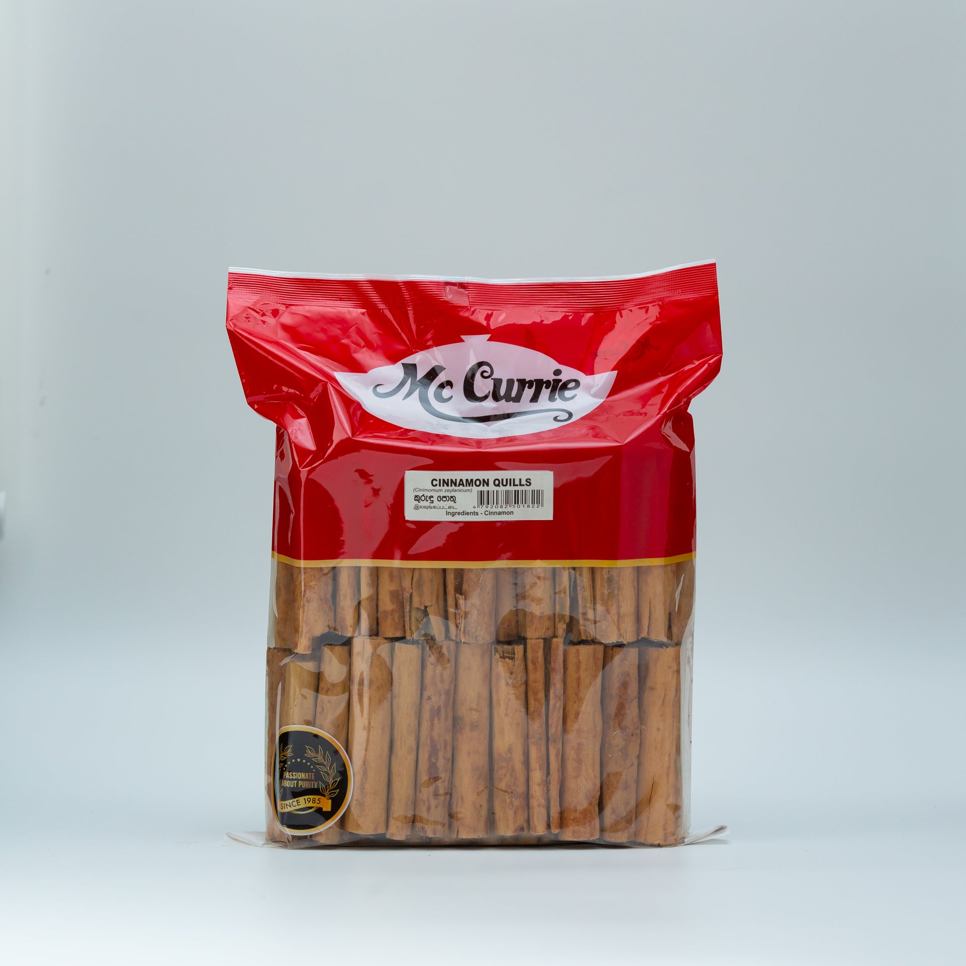 Packaged cinnamon quills with McCurrie branding on a white background
