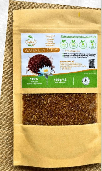 Package of water lily seeds with a label on a textured surface